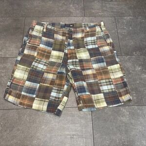Arrow Madras Flat Front Short Y2K 36 Plaid Patchwork Golf Cotton Pockets Brown